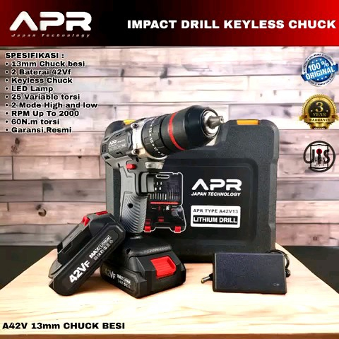 Bor Cordless Apr V Keyless Chuck Besi Mm Full Fitur Impact Drill