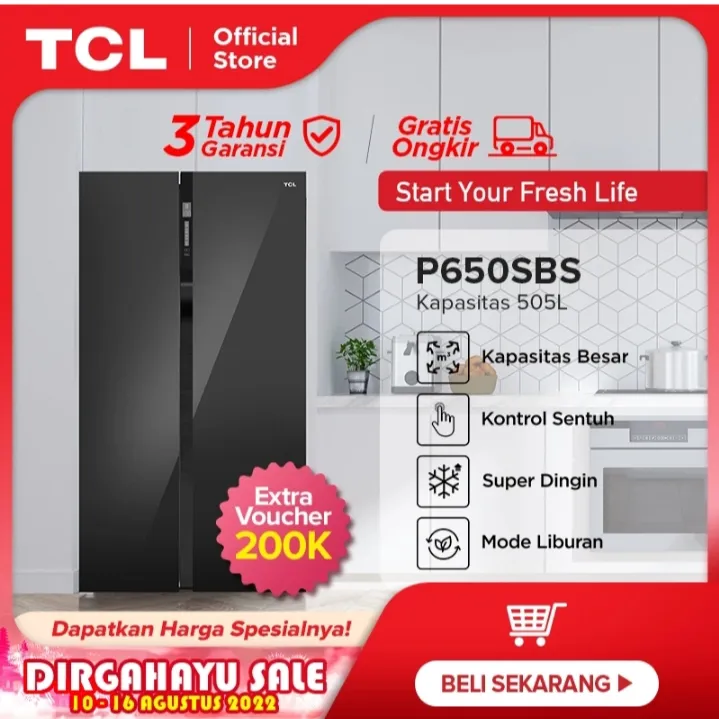 TCL P650SBS Kulkas 2 Pintu Side By Side 505L Segel Garansi Resmi