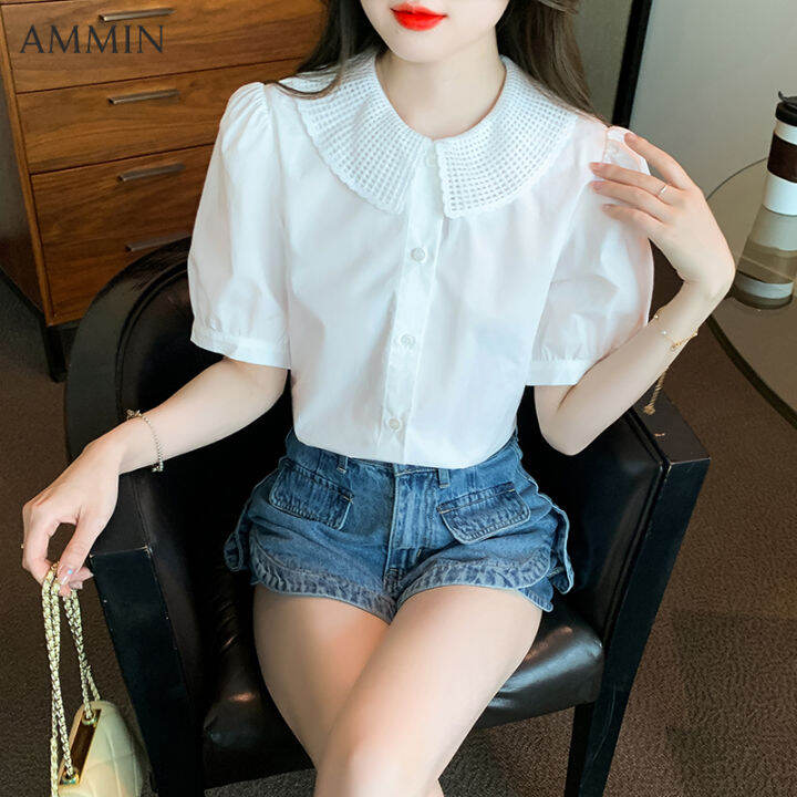 Ammin Spring Summer New Hollowed Out Lapel Short Sleeve White Commuting