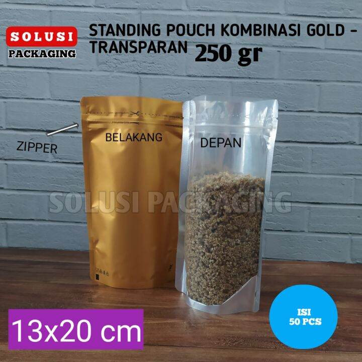 ISI 50 PCS Standing Pouch GOLD KOMBINASI 250 Gram 13x20 Cm TRANSMET