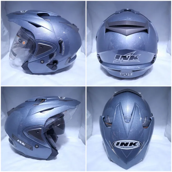 Helm Half Face Ink T Max Solid Abu Muda All Grey Kaca Double Visor