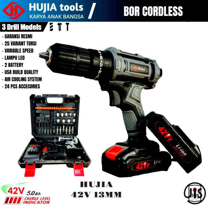 Mesin Bor Baterai V Hujia Impact Drill Cordless Tanpa Kabel Full