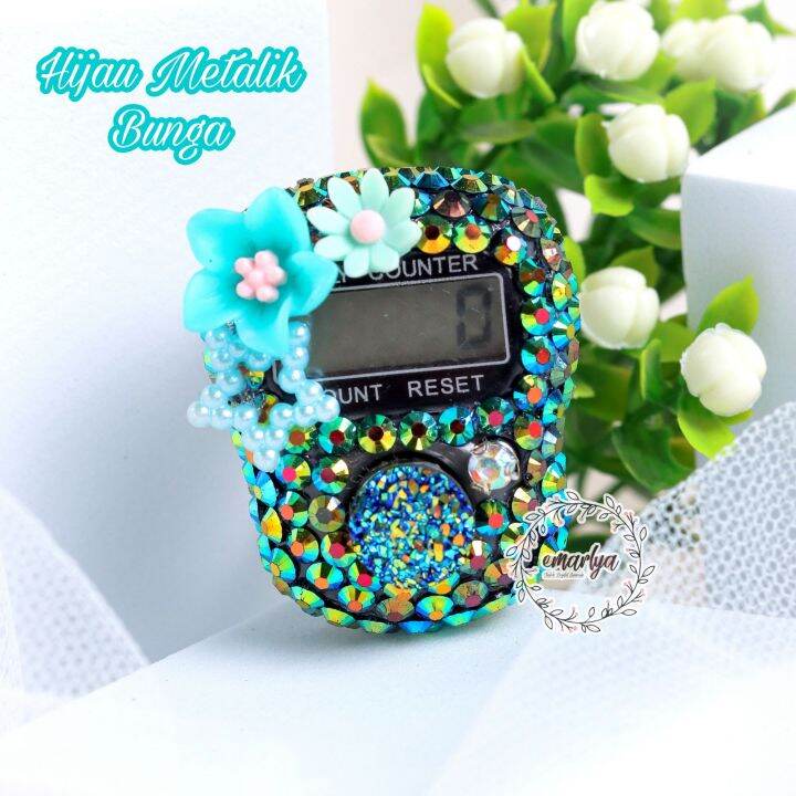 AB HIJAU METALIK BUNGA TASBIH DIGITAL CINCIN SWAROVSKI ALAT HITUNG