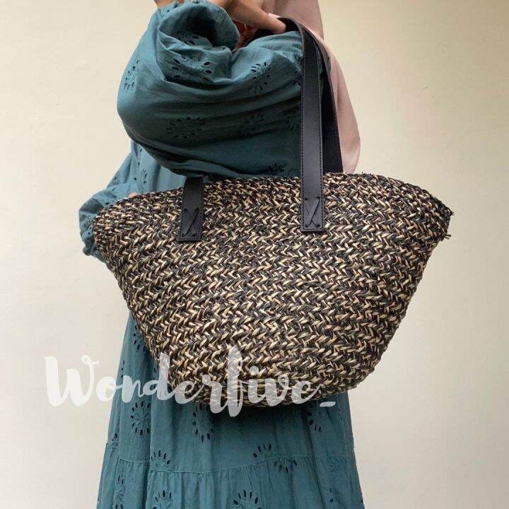 Tas Anyaman Kerajinan Mendong Pandan Rara Model Bakul Motif Lurik