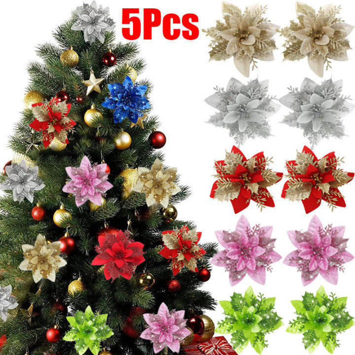 YESPERY 5pcs Christmas Flowers Glitter Artificial Poinsettia Floral