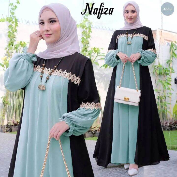 Bundastore Id Nafiza Dress Maxy Gamis Muslim Bahan Crinkle Mix Renda