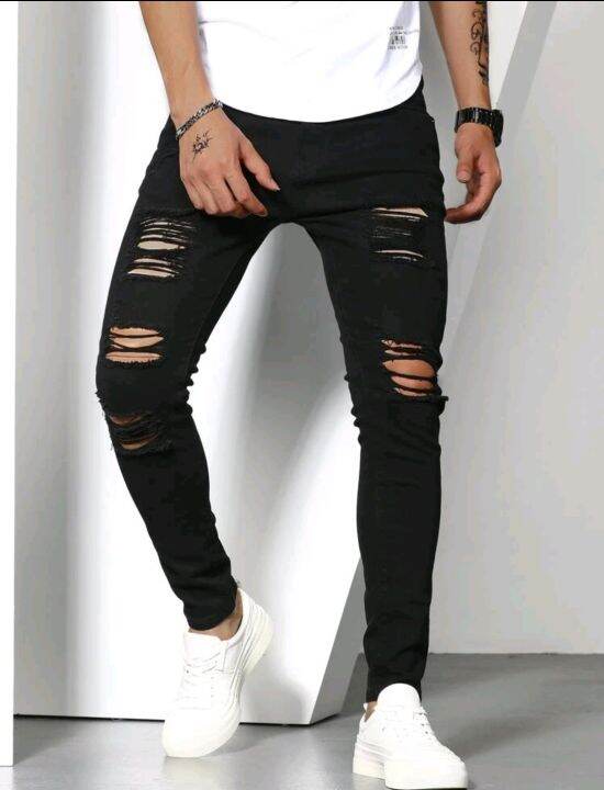 Men Solid Ripped Skinny Jeans Lazada PH