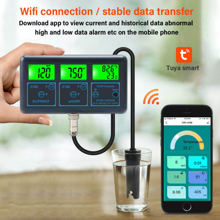 RCYAGO 7 In 1 Tuya App Smart Water Monitor PH EC ORP TDS CF Humidity