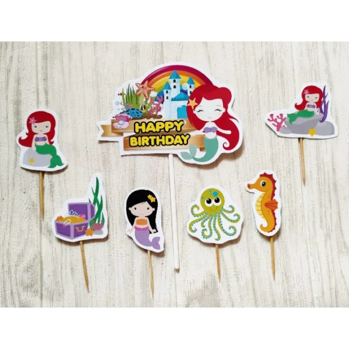 Isi 7 Cake Topper Hiasan Kue Ulang Tahun Karakter Mermaid Ikan Putri