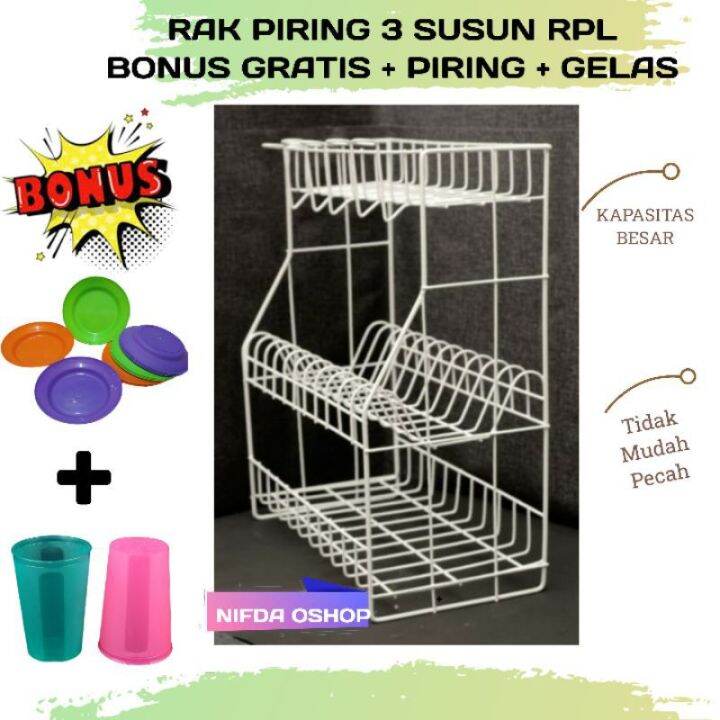 Rak Piring 3 Susun RPL 03 Bonus Piring Dan Gelas Lazada Indonesia