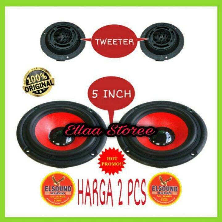 Promo 2 PCS 5 INCH Speaker Woofer Elsound Merah 2 Pcs Tweeter Original