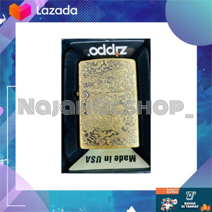 Free Box Korek Api Zippo Gold Dragon Original Made In Usa Mancis