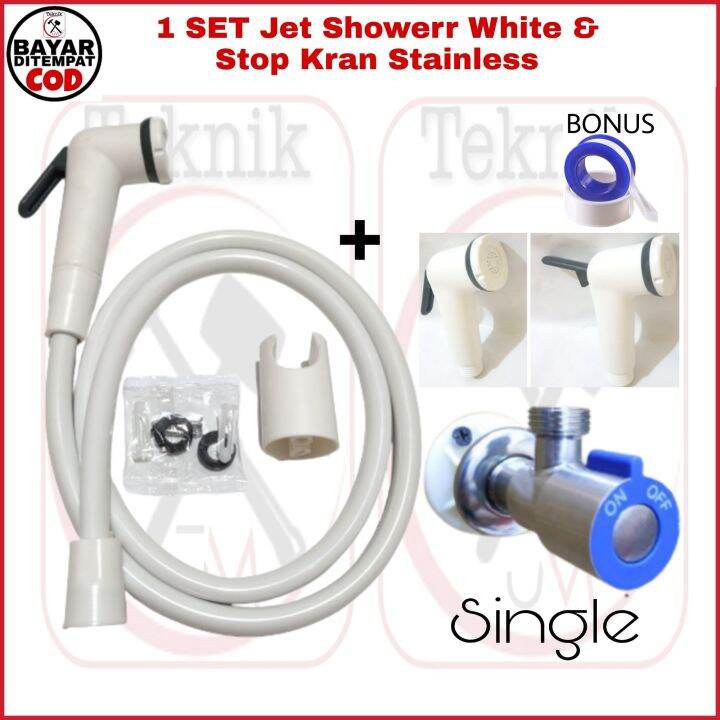 Paket Jet Shower Putih Dan Stop Kran Stainless Single Double