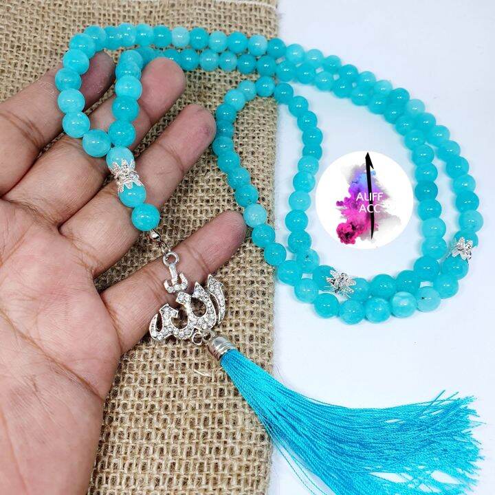 Tasbih Batu Blue Tosca Jade Lafad ALLAH 99 BUTIR 1000 ASLI NATURAL