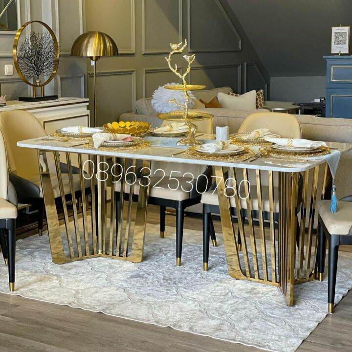 Set Meja Makan Minimalis Stainless Gold Top Marmer Putih Carrara