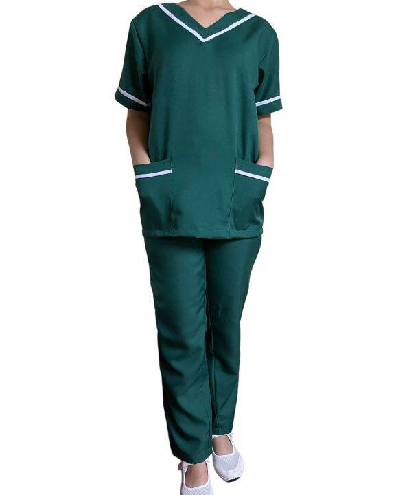 SCRUB SUIT TERNO Ready To Wear UNISEX Green With White Piping V Neck