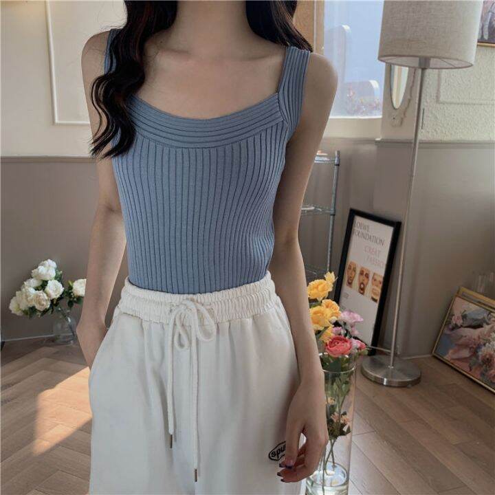 Alisa Sonya Women Knitted Tank Vest Korean Style Stretchy Plain Solid