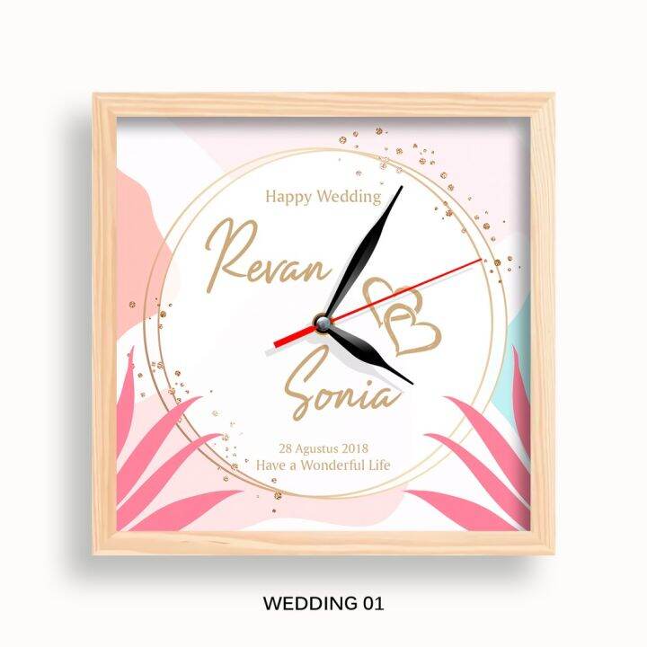 JAM DINDING KAYU CUSTOM NAMA HADIAH KADO NIKAH PERNIKAHAN HAPPY WEDDING