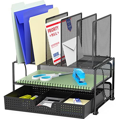 SimpleHouseware Mesh Desk Organizer With Sliding Drawer Double Tray