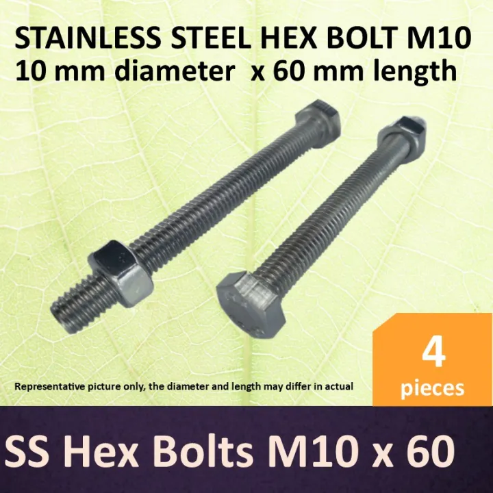 Stainless Steel SS Hex Bolts M10x60 Mm 10 Mm Diameter X 60 Mm Length