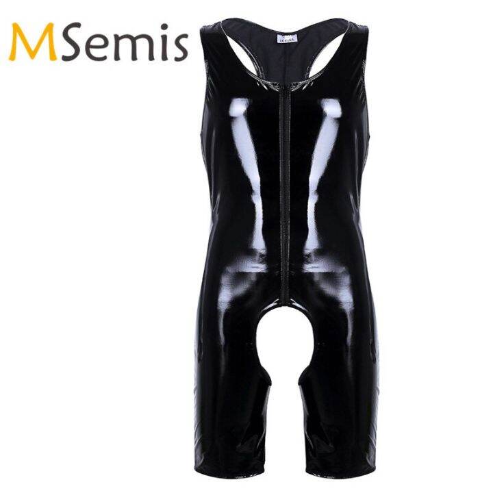 Men Crotchless Singlet Bodysuit Leotard Wetlook Patent Leather Lingerie