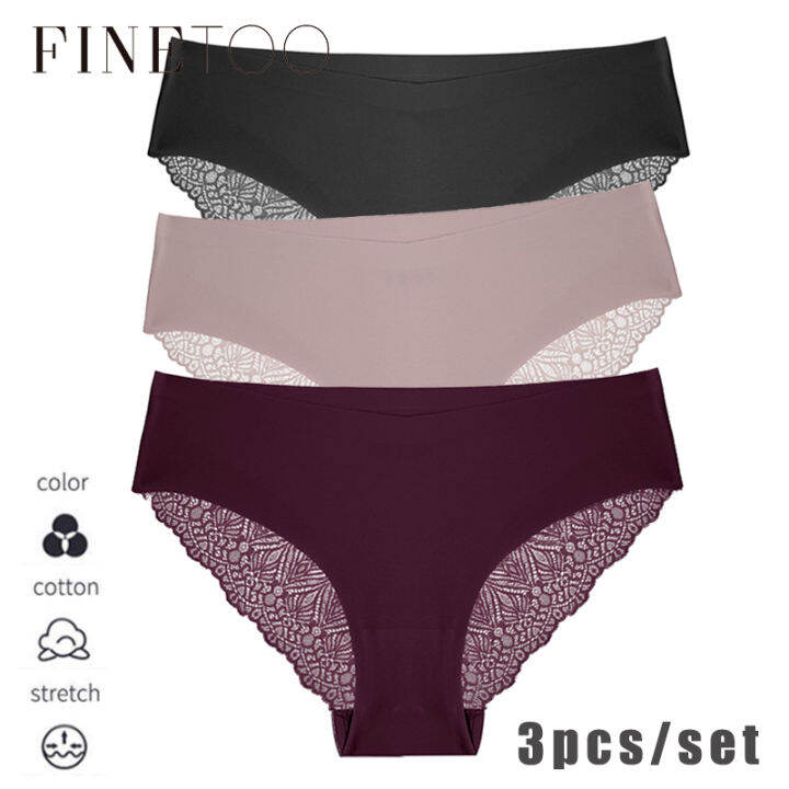 FINETOO 3Pcs Set Women Seamless Panties Sexy Stitching Lace Underwear S