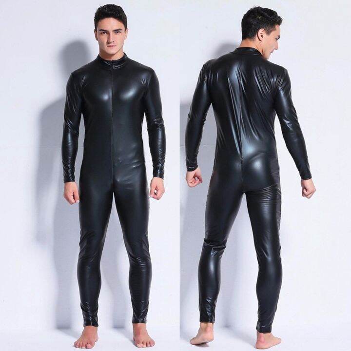 Ready Stock M 3XL Men Wetlook Faux Leather Double Zipper Open Crotch