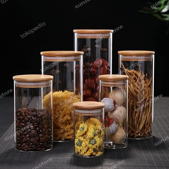 Toples Kaca Kedap Udara Tutup Kayu Toples Bumbu Dapur Makanan Snack