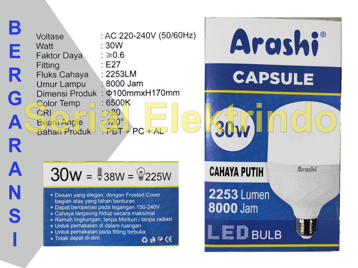 ARASHI Lampu Bohlam Led 30w 30 Watt Murah Bergaransi Model Capsule