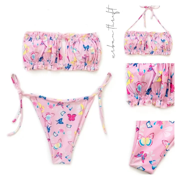 Shein Pink Butterfly Print Ruched Bandeau String Bikini Swimsuit