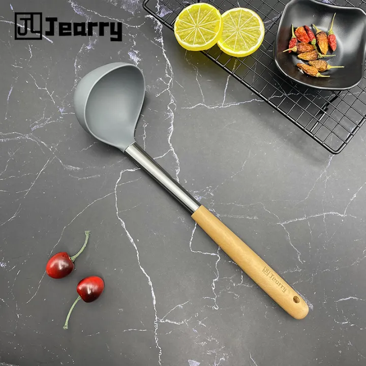 Jearry Stainless Steel Sicilone Ladle Wooden Handle Heat Resistant Food