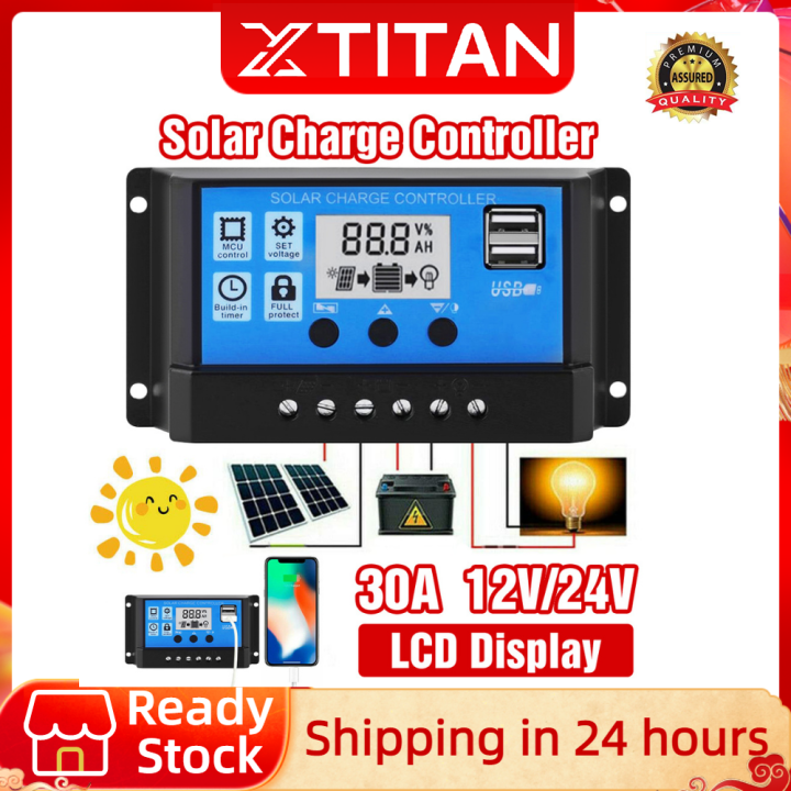 30A 12V 24V Auto Solar Charge Controller PWM Controllers LCD Dual USB