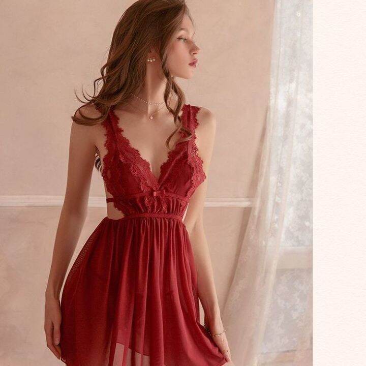 Lingerie Seksi Wanita Dalam V Neck Halter Baju Tidur Godaan Panas Set