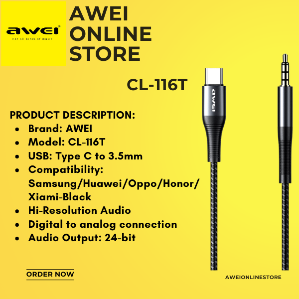 Awei Cl T Type C Cable To Aux Mm Audio Plug Adapter Cables For