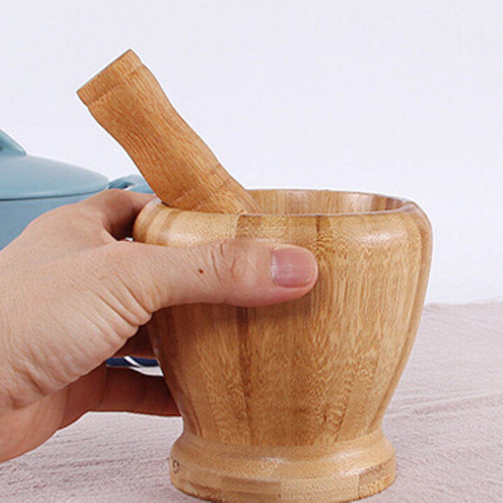 Natural Bamboo Mortar And Pestle Garlic Press Pot Pedestal Bowl Herb