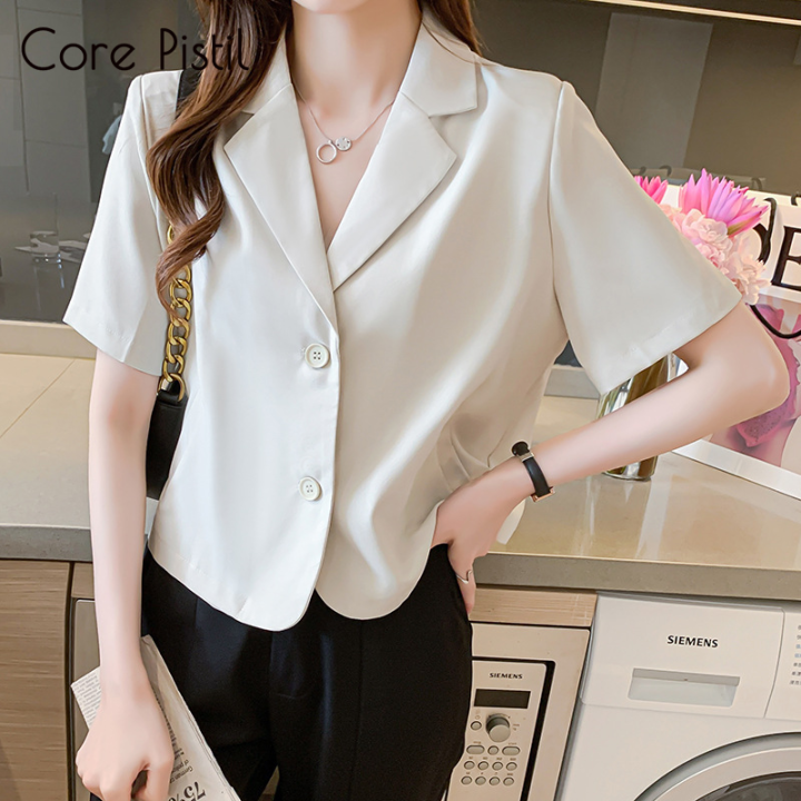 Core Korean Style Women Short Sleeve Blazer With Buttons Formal Elegant