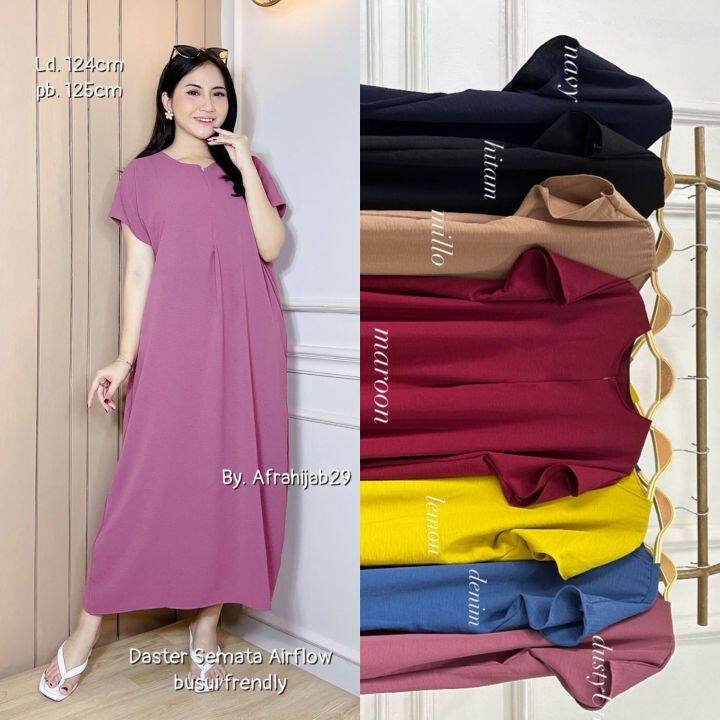 Long Dress Daily Lengan Pendek Resleting Busui Friendly Crinkle Airflow