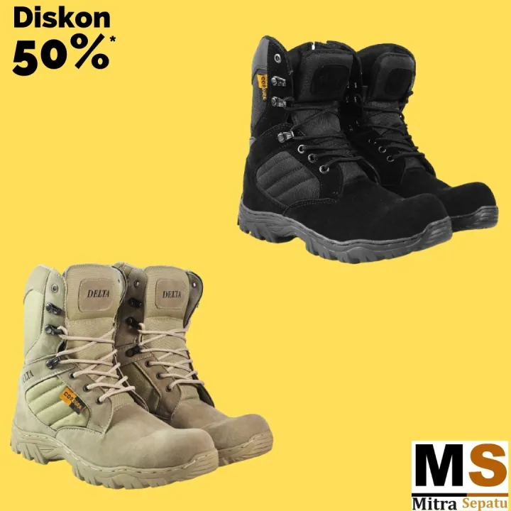 Sepatu Boots Safety Pria Dlt Cordura Tactical Gurun Cream Hitam Tinggi