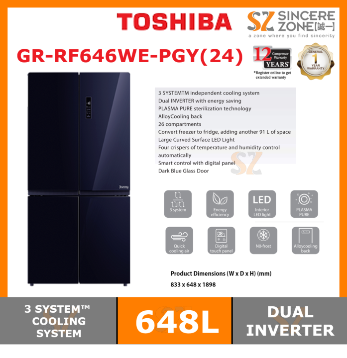 Toshiba Gr Rf We Pgy L Multi Door Inverter Refrigerator Glass