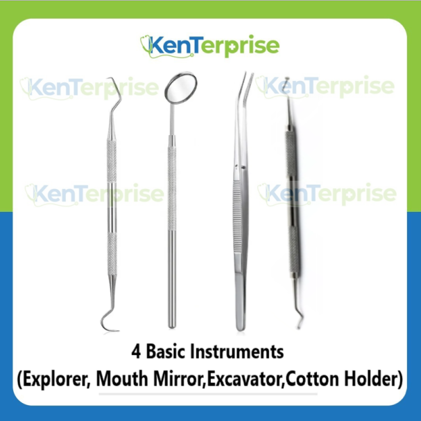 4 Basic Instruments Explorer Mouth Mirror Excavator Cotton Holder