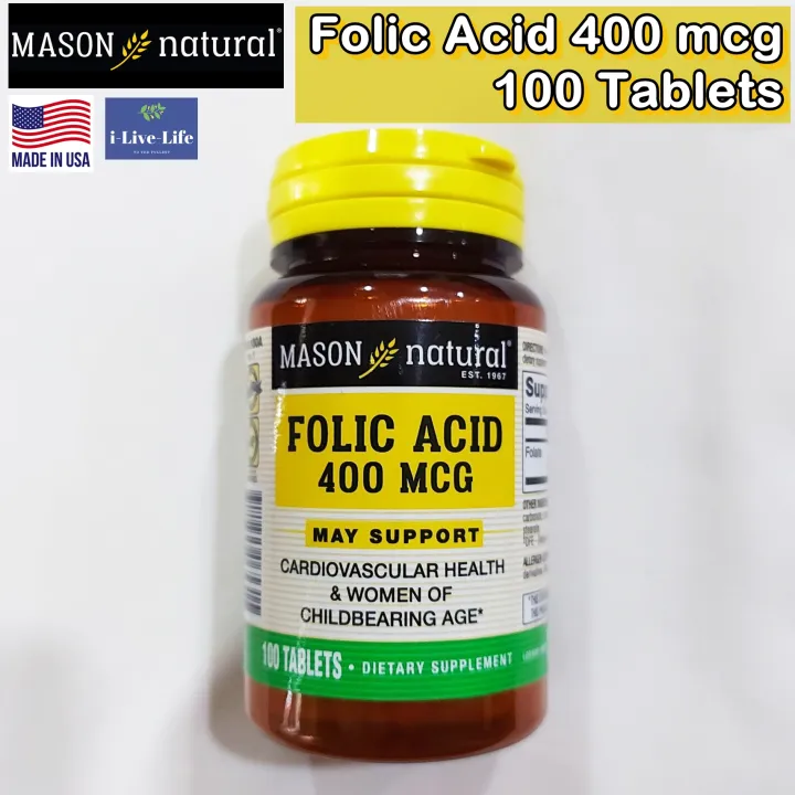 กรดโฟลก Folic Acid 400 mcg 100 Tablets Mason Natural Folate โฟเลต