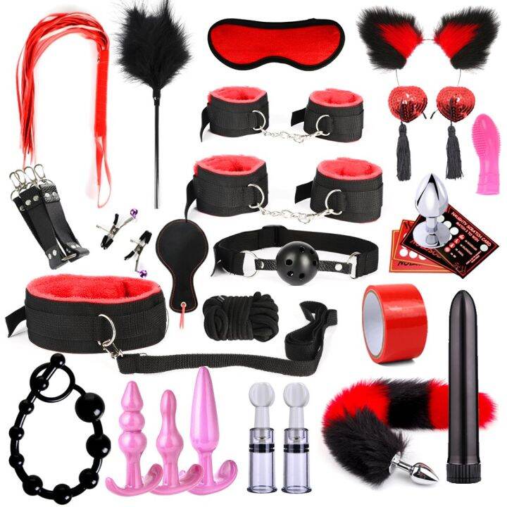 S M Fetish BDSM Bondage Restraint Set Sex Handcuffs Whip Anal Beads