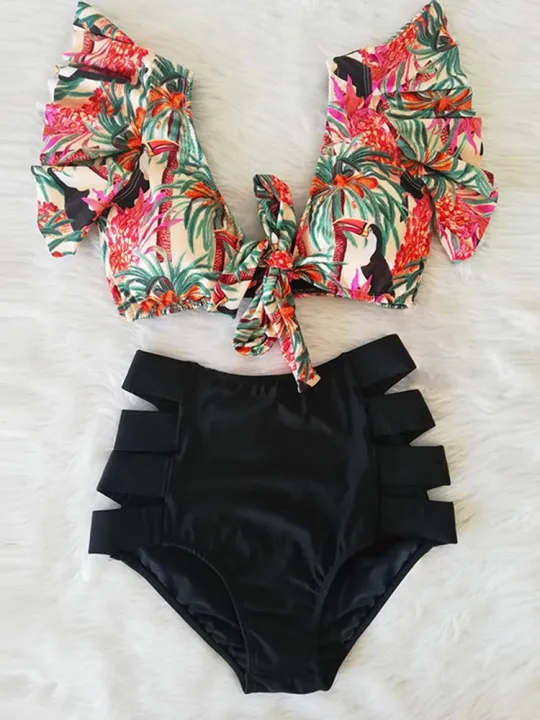 Floral Ruffled Hem Bikini Set Women Flora V Neck High Waisted Two Piece