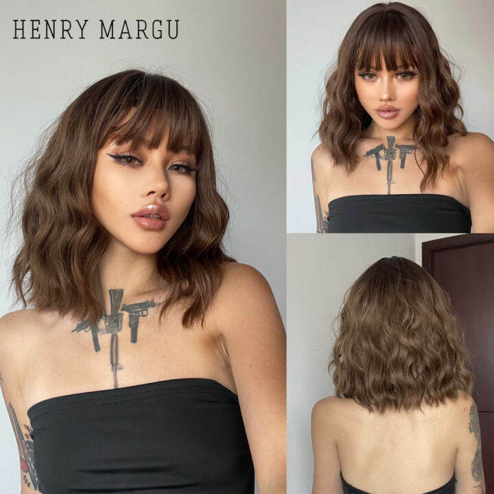 Henry Margu Dark Brown Ombre Short Bob Synthetic Wig For Women Natural