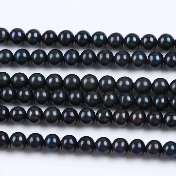 Mm Round Shape Black Color Natural Freshwater Pearl Strand For