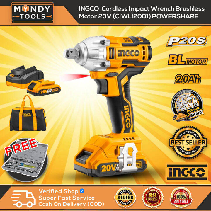 INGCO Cordless Impact Wrench Brushless Motor 20V CIWLI2001 With Free