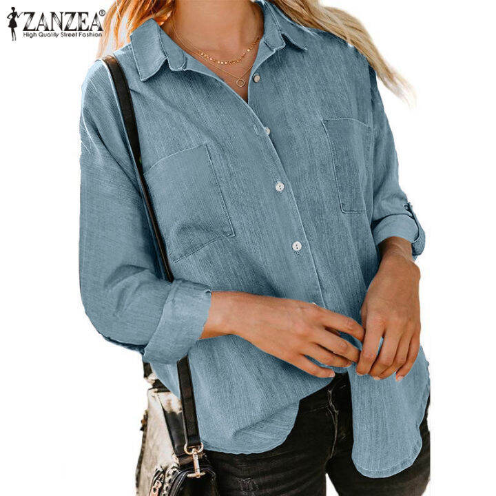 Zanzea Women Vintage Turn Down Collar Fold Sleeve Shirt Casual Buttons