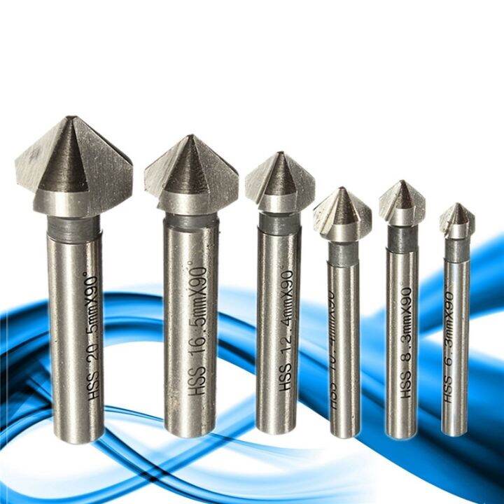 Round Shank 6pcs 3 Flute 90 Degree HSS Chamfer Chamfering Cutter End