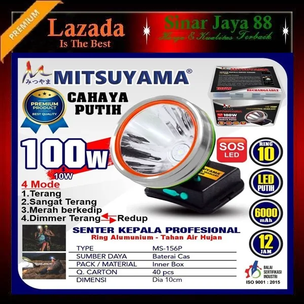 Senter Kepala Jumbo Mitsuyama 100 Watt Cahaya Putih MS 156P Lazada