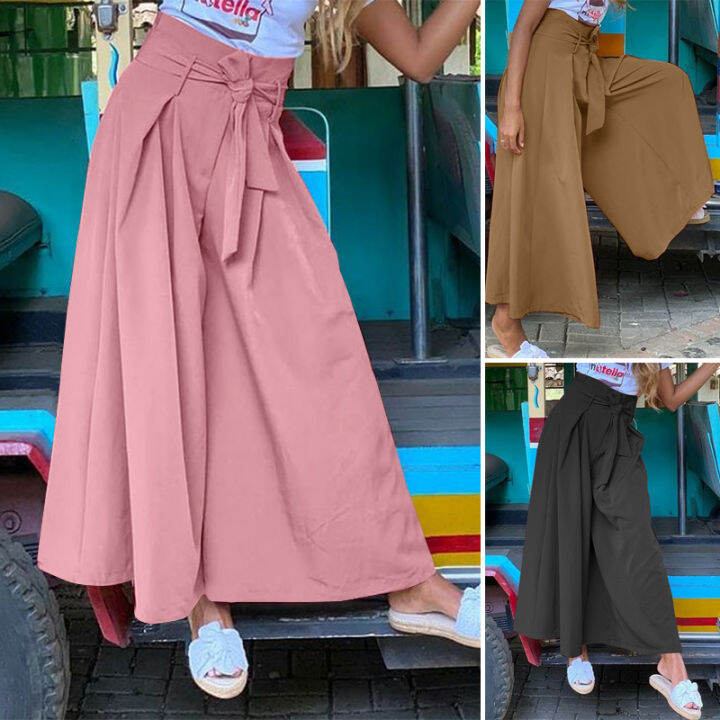 Esolo ZANZEA Muslimah Women Muslim Belt Wide Leg Culottes Zipper